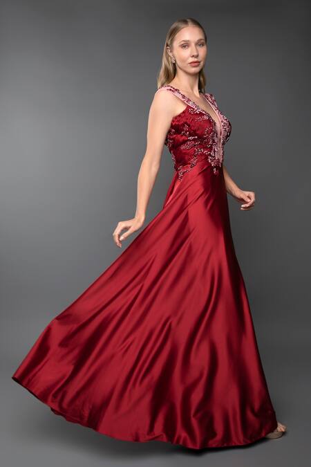 Buy_Anjum Qureshi_Red Satin Hand Embroidered Sequin Plunge Neck A-line Gown _Online_at_Aza_Fashions