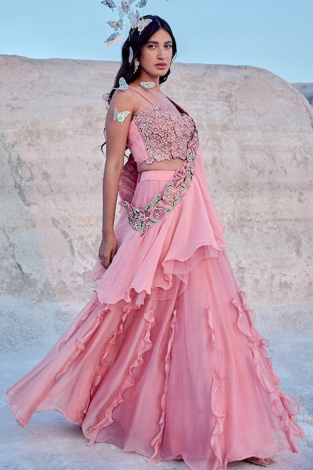 Buy_Nikita Vishakha_Pink Organza, Net, Georgette, Jacquard Zari, Ruffled And Layered Skirt Set _Online_at_Aza_Fashions