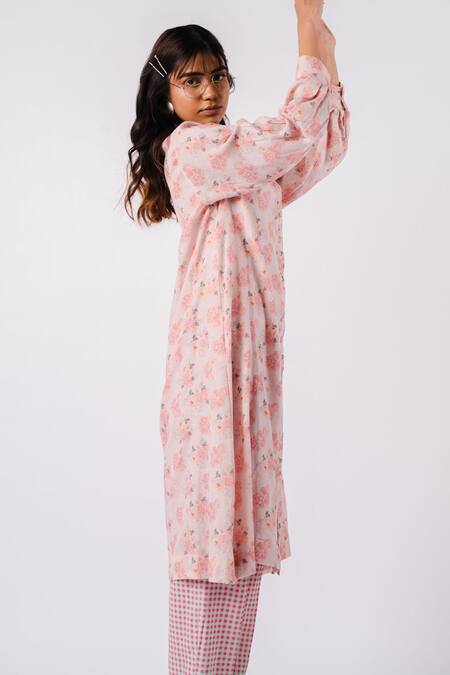 Buy_Tussah by Siddhi Shah_Peach Shirt Moss Cotton Printed Floral And Checkered & Pant Set  _Online_at_Aza_Fashions