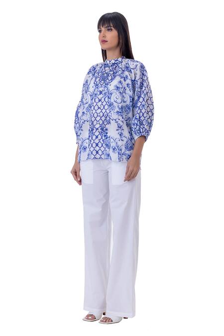 Buy_Gaya_White Ramie Linen Printed Baroque High Neck Viole Top _Online_at_Aza_Fashions