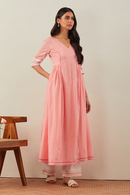 Buy_The Indian Cause_Peach Cotton Sequins, Embroidery, Lace V-neck V Anarkali Palazzo Set _Online_at_Aza_Fashions