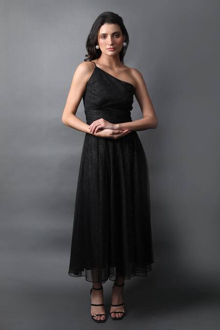 Buy_Swatee Singh_Black Crystals One Shoulder Strappy Flared Dress_Online_at_Aza_Fashions
