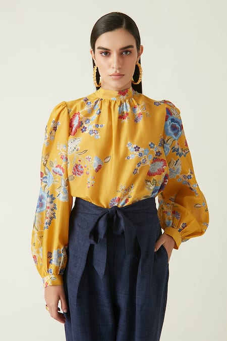 Buy_Payal Pratap_Yellow Cotton Embroidery High Neck Saigong Printed Top _Online_at_Aza_Fashions
