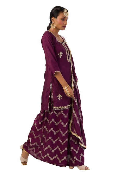 Buy Meghna Shah Wine Denim Beads, Stones Round Neck Embroidered Kurta With Printed Palazzo Set Online at Aza Fashions Buy_Meghna Shah_Wine Denim Beads, Stones Round Neck Embroidered Kurta With Printed Palazzo Set _Online_at_Aza_Fashions