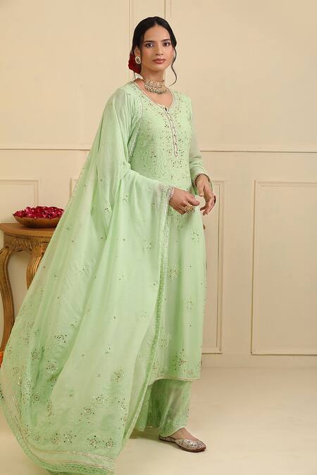 Buy_Esha Koul_Green Georgette Embroidered And Embellished Chikankari Notched Round Kurta Set_Online_at_Aza_Fashions