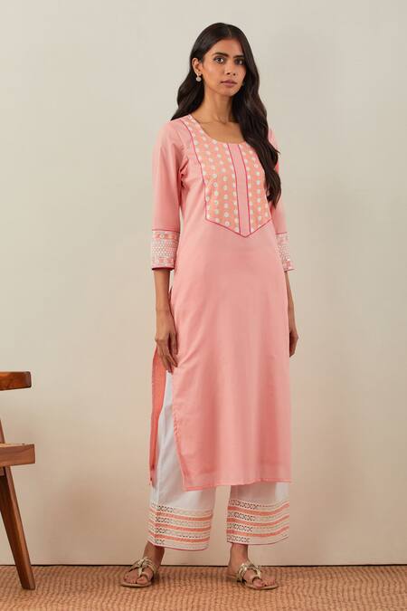 Buy The Indian Cause Peach Cotton Embroidery Round Neck Chikankari Kurta And Palazzo Set Online at Aza Fashions Buy_The Indian Cause_Peach Cotton Embroidery Round Neck Chikankari Kurta And Palazzo Set_Online_at_Aza_Fashions