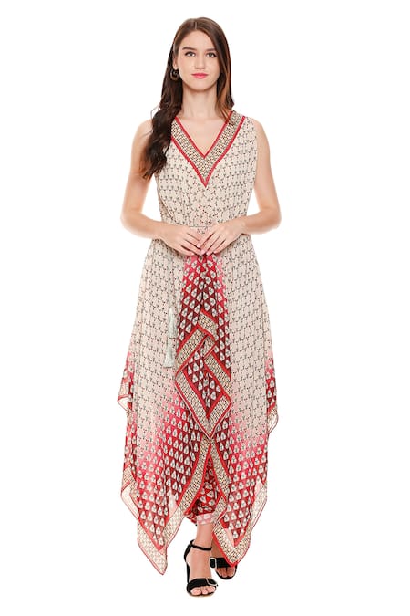 Buy_Soup By Sougat Paul_White Chiffon, Satin V Neck Asymmetric Tunic And Draped Pant Set _Online_at_Aza_Fashions