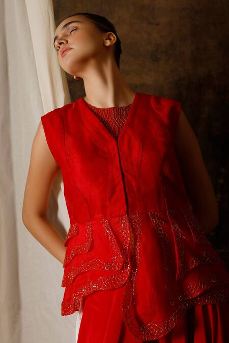 Buy_Eclat By Prerika Jalan_Red Organza, Crepe, Muslin Cut Work Round Neck Embroidered Jacket Pant Set _Online_at_Aza_Fashions