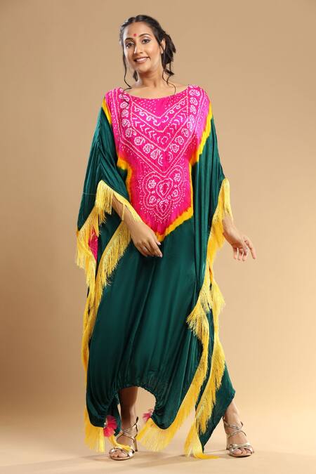 Buy_Etasha By Asha Jain_Yellow Gabardine Tassels Round Neck Thread Bandhani Pattern Kaftan _Online_at_Aza_Fashions