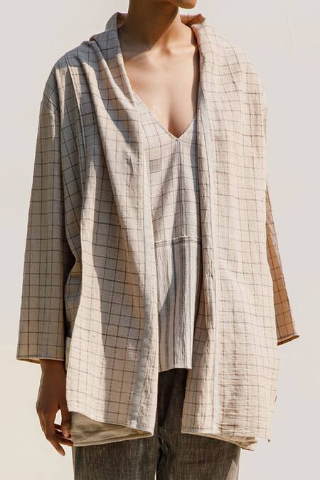 Buy Urvashi Kaur Beige Handloom Cotton Shawl Neck Alluvial Handwoven Organic Jacket Online at Aza Fashions Buy_Urvashi Kaur_Beige Handloom Cotton Shawl Neck Alluvial Handwoven Organic Jacket _Online_at_Aza_Fashions