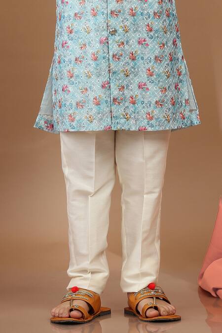 Buy_Kora By Nilesh Mitesh_Blue Cotton Embroidery Floral Print And Kurta Set_Online_at_Aza_Fashions