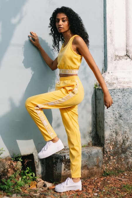 Buy_House Of Fett_Yellow Neoprene, Polyester Embroidery Round Neck Scuba Crop Top_Online_at_Aza_Fashions