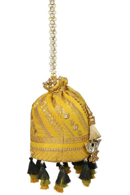 Buy_Miar Designs_Yellow Sequin Aadhya Silk Embroidered Potli Bag_Online_at_Aza_Fashions