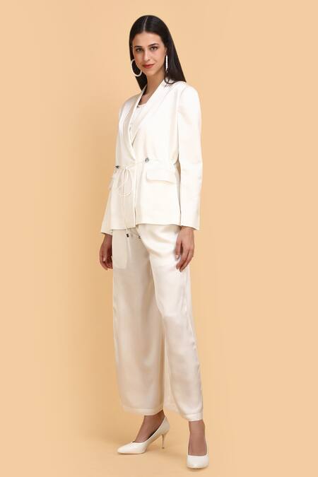 Buy_Label Ivish_Off White Silk Round Neck Tie-up Blazer Trouser Set _Online_at_Aza_Fashions
