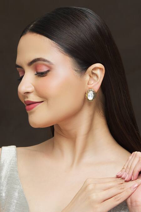 Buy_Ivorine_Gold Plated Embroidery Oval Shaped Studs _Online_at_Aza_Fashions