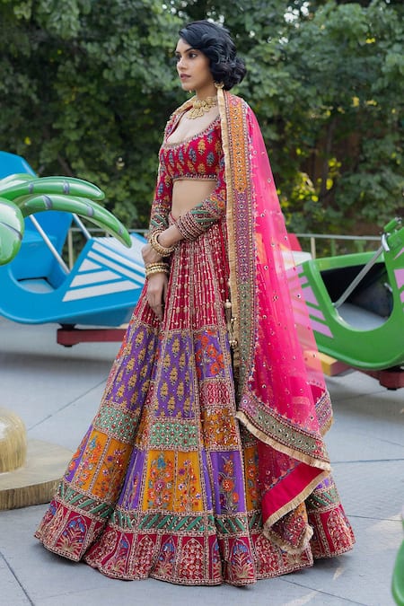 Buy_Irrau By Samir Mantri_Multi Color Georgette, Net Beads, Hand Embroidered Panelled Bridal Lehenga Set _Online_at_Aza_Fashions