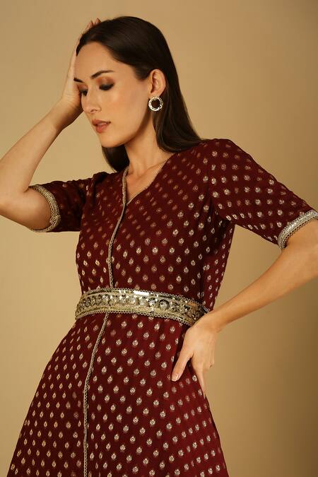 Buy_Monk & Mei By Sonia Anand_Maroon Velvet, Brocade, Georgette Tamanna Asymmetric Kurta And Dhoti Pant Set _Online_at_Aza_Fashions