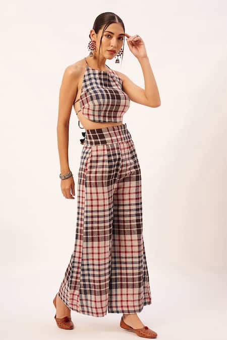 Buy_Zariya The Label_Multi Color Handloom , Halter Checkered Backless Blouse With Pant _Online_at_Aza_Fashions