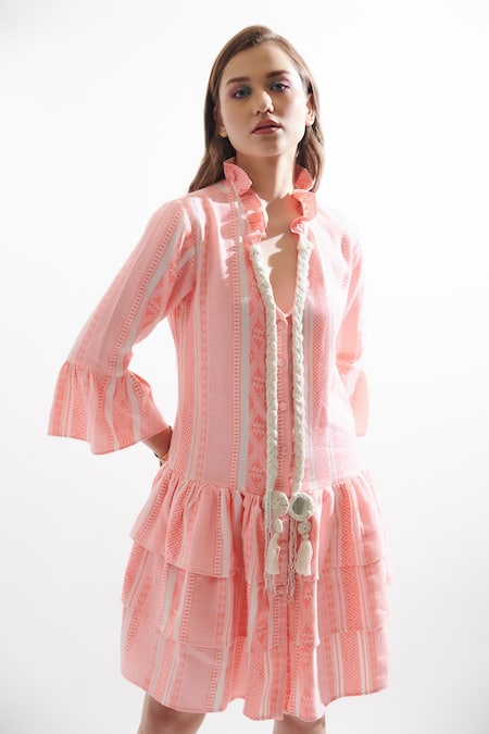 Buy Cin Cin Pink Jacquard Asymmetric Repossi Layered Frill Dress Online at Aza Fashions Buy_Cin Cin_Pink Jacquard Asymmetric Repossi Layered Frill Dress_Online_at_Aza_Fashions