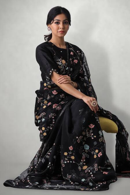 Buy_I Am Design_Black Silk Organza Aari Crew Neck Floral Embroidered Saree _Online_at_Aza_Fashions