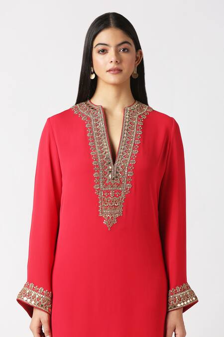 Buy_Labbada_Pink Viscose Georgette Hand Embroidered Marodi V Neck Yoke Kurta Set_Online_at_Aza_Fashions