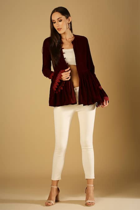 Buy Monk & Mei By Sonia Anand Maroon Velvet Lace Round Neck Taj Peplum Jacket Online at Aza Fashions Buy_Monk & Mei By Sonia Anand_Maroon Velvet Lace Round Neck Taj Peplum Jacket _Online_at_Aza_Fashions