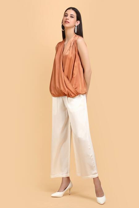 Buy_Label Ivish_Brown Silk V-neck Drape Wrap Top And Pant Set _Online_at_Aza_Fashions