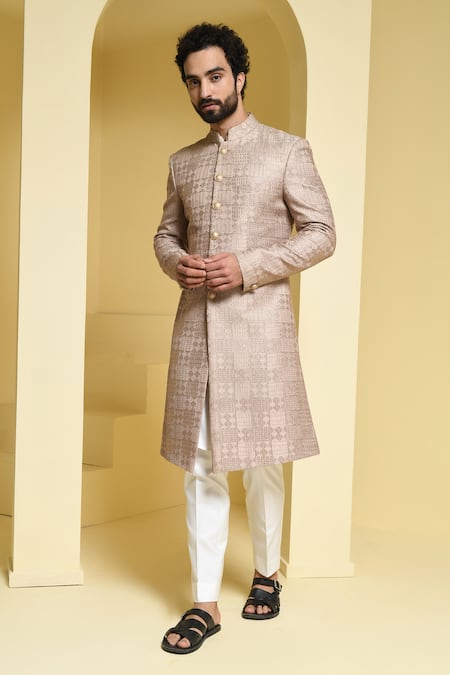Buy Kustomeyes Beige Silk Embroidery Sherwani Set Online at Aza Fashions Buy_Kustomeyes_Beige Silk Embroidery Sherwani Set _Online_at_Aza_Fashions