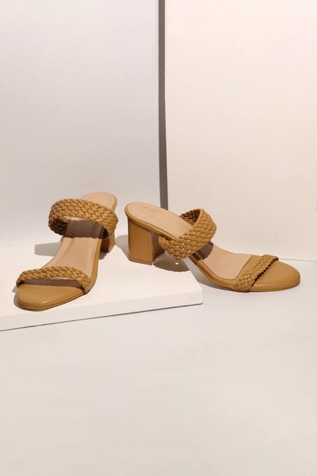 Buy_Myra_Brown Plain Basket Weave Two Strap Heels_Online_at_Aza_Fashions