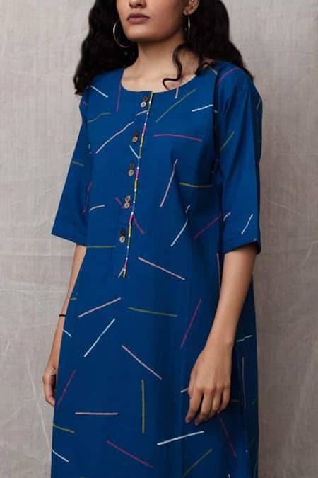 Buy Banana Labs Blue Cotton Sprinkle Round Neck Print Straight Fit Kurta Set Online at Aza Fashions Buy_Banana Labs_Blue Cotton Sprinkle Round Neck Print Straight Fit Kurta Set _Online_at_Aza_Fashions