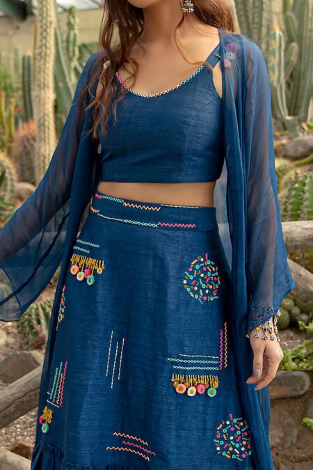 Buy Kacha Tanka Blue Silk, Cotton Embroidery Scoop Neck Hand Danka Work Skirt And Top Set Online at Aza Fashions Buy_Kacha Tanka_Blue Silk, Cotton Embroidery Scoop Neck Hand Danka Work Skirt And Top Set _Online_at_Aza_Fashions