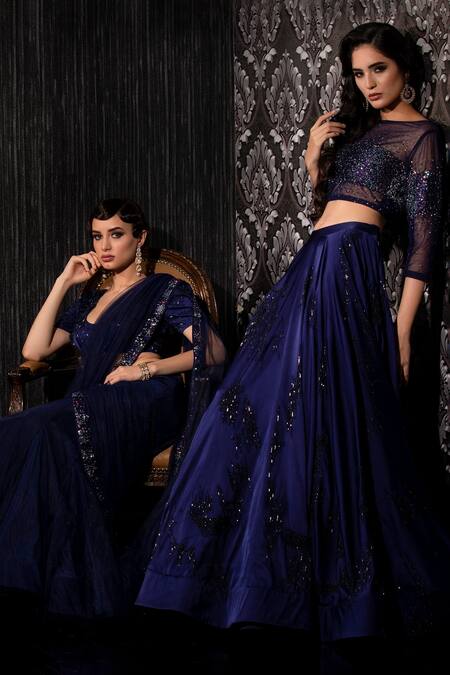 Buy_Shilpi Gupta_Blue Net, Silk Satin Sequins, Cut Work Cutdana Embroidered Blouse And Lehenga Set _Online_at_Aza_Fashions