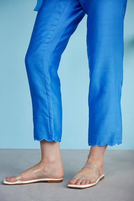 Buy_Garima Bindal_Blue Silk, Chanderi Shawl Neck Panzy Draped Shirt And Pant Set _Online_at_Aza_Fashions