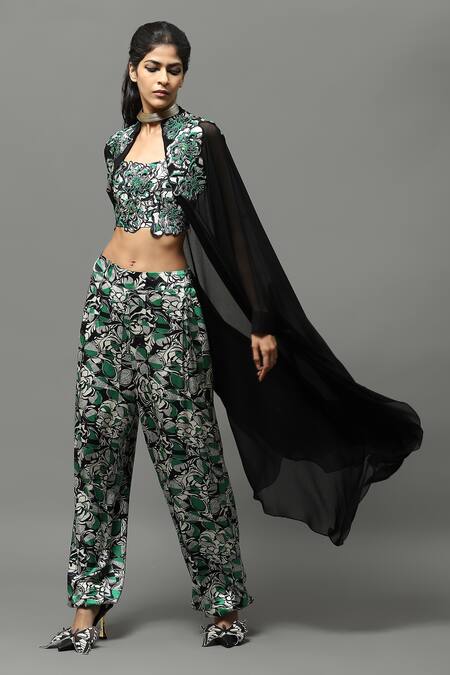 Buy AK-OK Green Lycra Embroidery, Cut Work Square Floral Print Top And Joggers Set With Cape Online at Aza Fashions Buy_AK-OK_Green Lycra Embroidery, Cut Work Square Floral Print Top And Joggers Set With Cape _Online_at_Aza_Fashions
