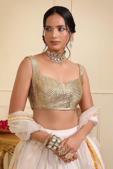 Buy_Esha Koul_Off White Chanderi, Organza Gota Patti Sweetheart Neck Embellished Lehenga Set _Online_at_Aza_Fashions