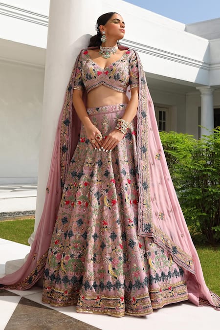 Buy_Miku Kumar_Purple Silk, Satin, Organza Embroidery, Butterfly And Floral Bridal Lehenga Set _Online_at_Aza_Fashions