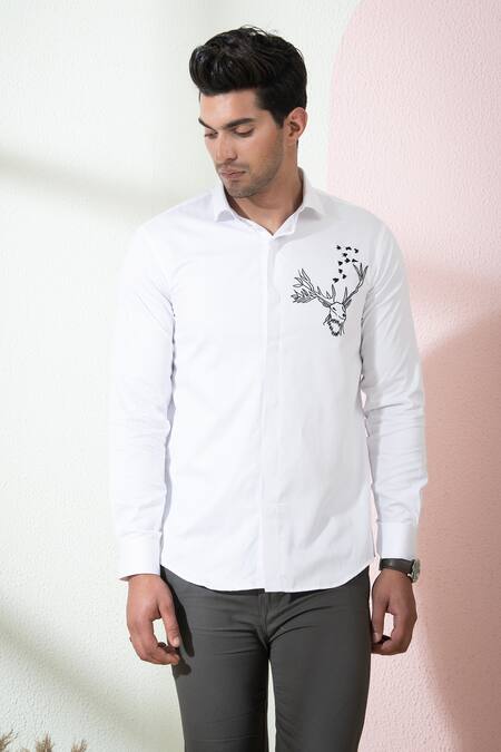 Buy_Hilo Design_White Cotton Embroidery Bianco Reindeer Shirt _Online_at_Aza_Fashions