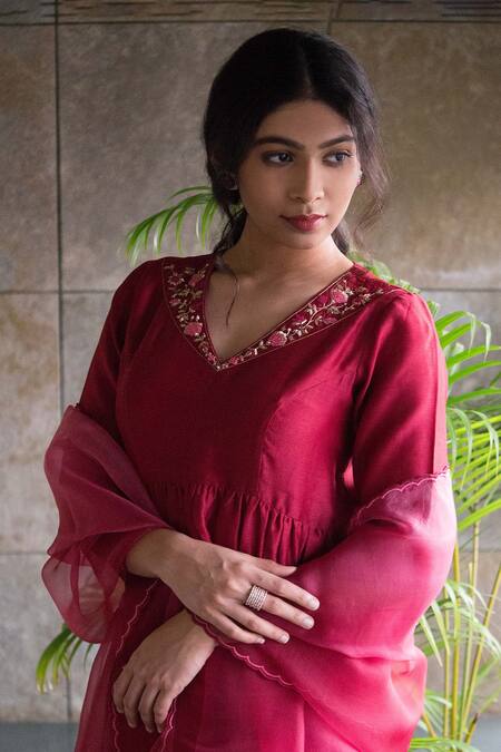 Buy Cupid Cotton Wine Chanderi Silk, Chiffon Lace, Embroidery V-neck Kurta Palazzo Set Online at Aza Fashions Buy_Cupid Cotton_Wine Chanderi Silk, Chiffon Lace, Embroidery V-neck Kurta Palazzo Set _Online_at_Aza_Fashions