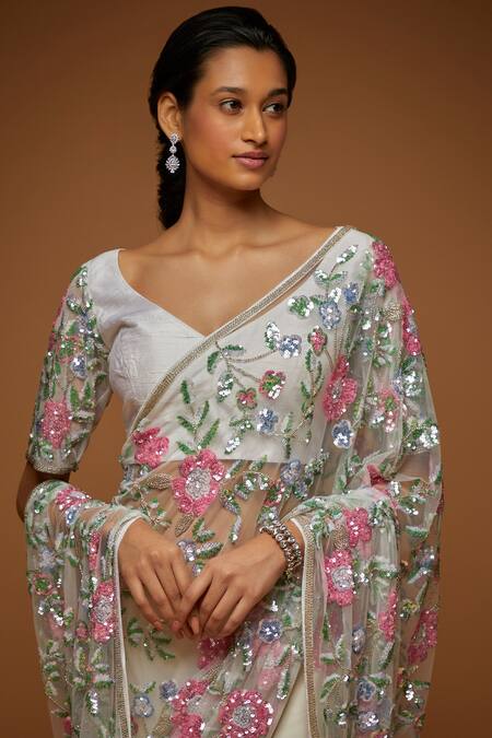 Buy_Neeta Lulla_White Tulle Cutdana, Sequin, Flower Vine V Dao Embroidered Saree With Blouse_Online_at_Aza_Fashions