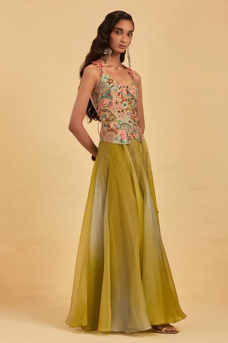 Buy Aum By Asit And Ashima Red Organza Tassels, Mirrors Paisley And Floral Embroidered Corset With Skirt Online at Aza Fashions Buy_Aum By Asit And Ashima_Red Organza Tassels, Mirrors Paisley And Floral Embroidered Corset With Skirt_Online_at_Aza_Fashions