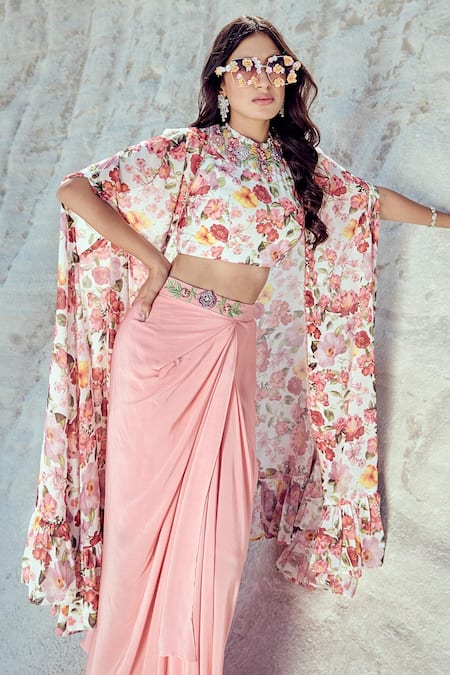 Buy_Nikita Vishakha_Pink Crepe, Georgette Embroidery Round Neck Floral Print Cape And Cowl Skirt Set _Online_at_Aza_Fashions