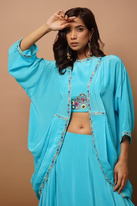 Buy Ahi Clothing Blue Crepe, Linen, Chiffon Cut Work, Zari, Hand Kimono Shrug And Lehenga Set Online at Aza Fashions Buy_Ahi Clothing_Blue Crepe, Linen, Chiffon Cut Work, Zari, Hand Kimono Shrug And Lehenga Set _Online_at_Aza_Fashions