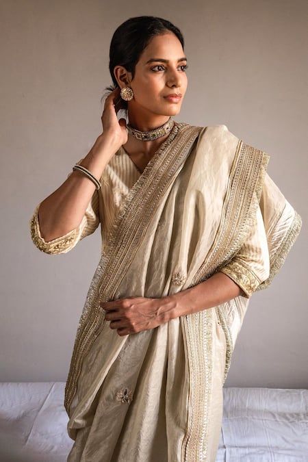 Buy_Shorshe Clothing_Ivory Handloom Cotton Pearls, Zari Embroidered Saree _Online_at_Aza_Fashions