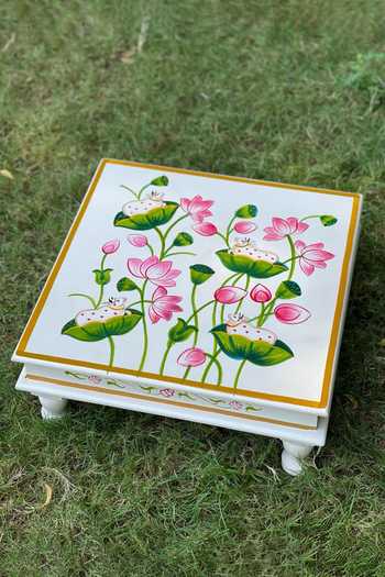 Buy_Purana Darwaza_White Wood Hand Painted Pichwai Chowki_Online_at_Aza_Fashions