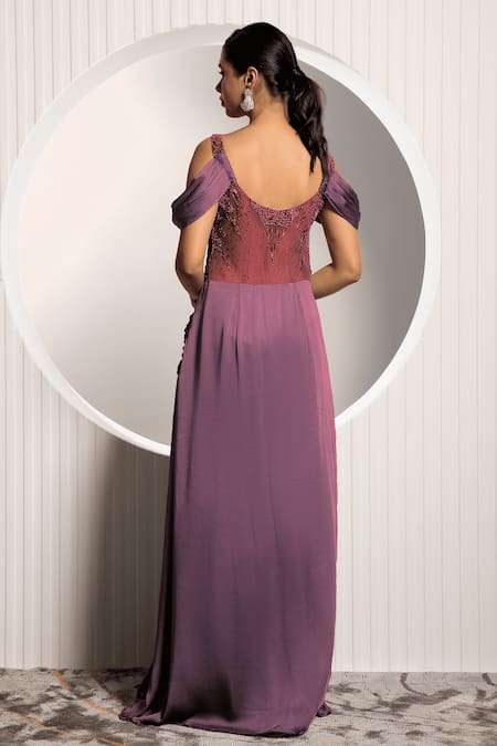 Jade By Ashima_Purple Satin Beads Scoop Neck Viola Embroidered Bodice Gown _Online_at_Aza_Fashions