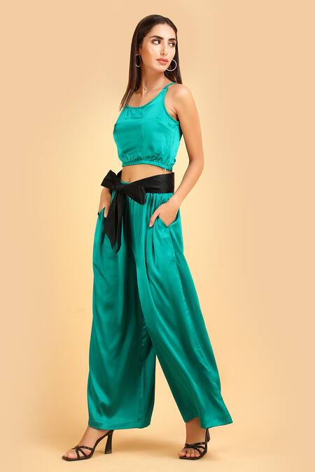 Buy_Label Ivish_Green Silk Round Neck Emerald Satin Pant Set _Online_at_Aza_Fashions