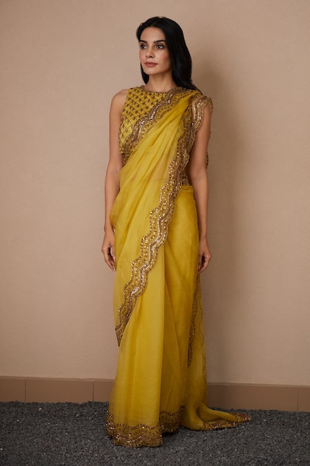 Buy_Astha Narang_Yellow Organza, Crepe Embroidery Round Neck Scallop Saree With Blouse _Online_at_Aza_Fashions