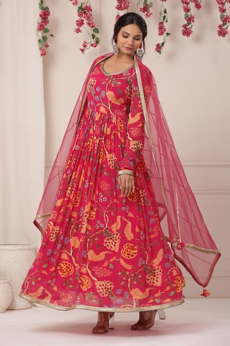 Buy_Bairaas_Magenta Chinon Hand Work Lace Trims Nigaar Floral Pattern Anarkali With Dupatta_Online_at_Aza_Fashions