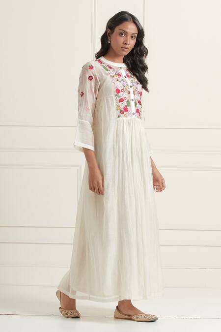 Buy_Ikshita Choudhary_White Chanderi Embroidery, Sequins Mandarin Collar Hand Placket Dress_Online_at_Aza_Fashions