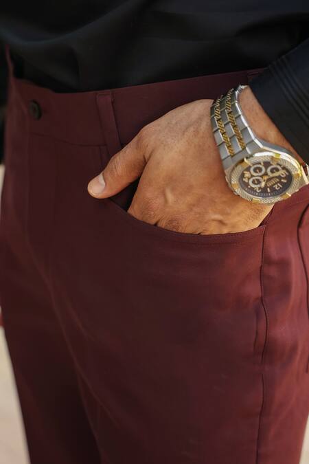 Buy_Raw & Rustic By Niti Bothra_Wine Cotton Buttoned Hem Solid Jeans_Online_at_Aza_Fashions